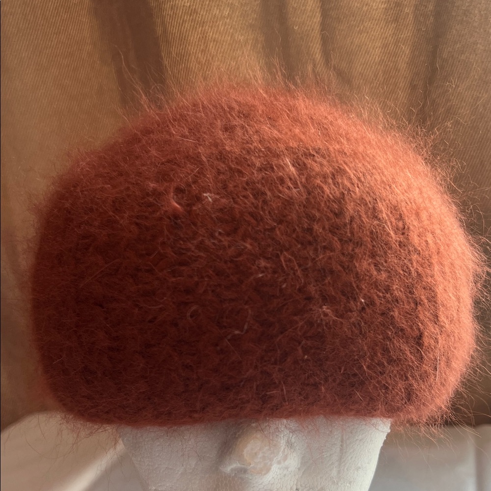 Vintage Angora Wool Pillbox Hat Winter Burnt Orange O/S Made in Italy